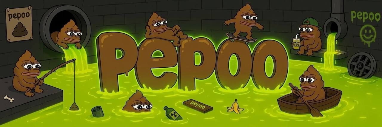 PEPOO sewer banner with poo characters swimming in neon green slime